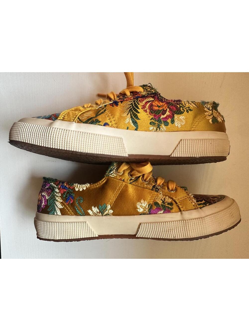 Superga Women's 2750 Korelaw sneakers gold floral embroidered satin upper Size 7 - Picture 3 of 8